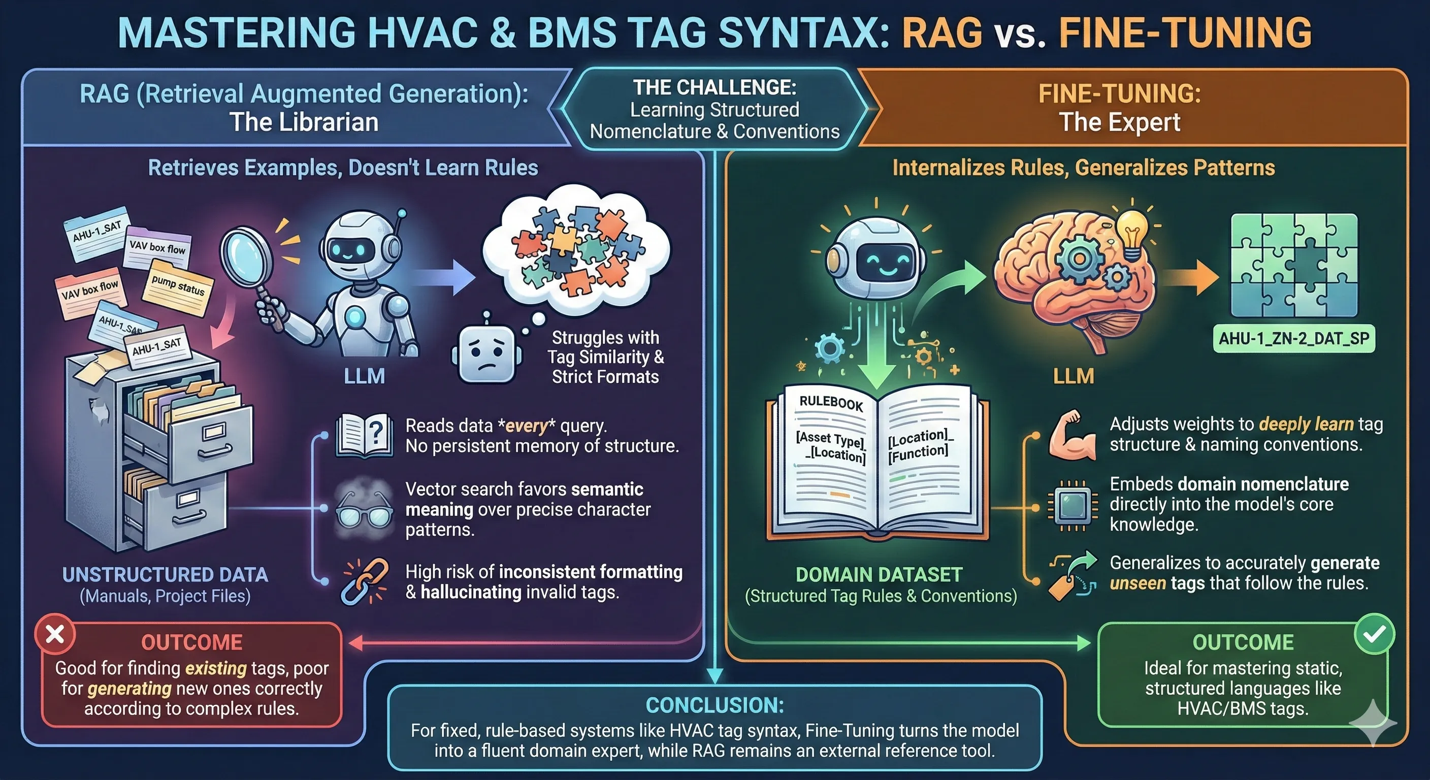 RAG retrieves examples; fine-tuning internalises the rules. For a fixed, rule-based vocabulary, the right tool is the one that learns the structure, not the one that looks it up.